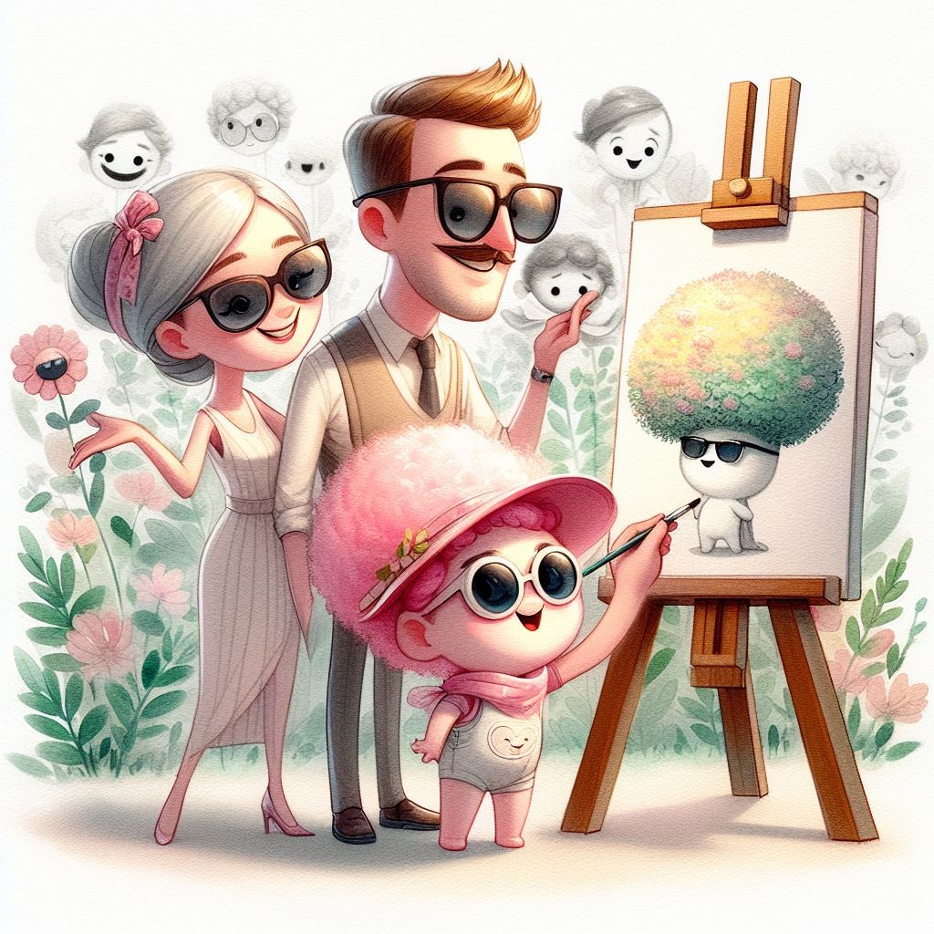 illustration genéré avec Adobe Firefly pour le festival de petite enfance fa'bull'eux du Sundgau, montrant une famille, dans un style cartoon, avec des lunettes de soleil et une personne peint un portrait.