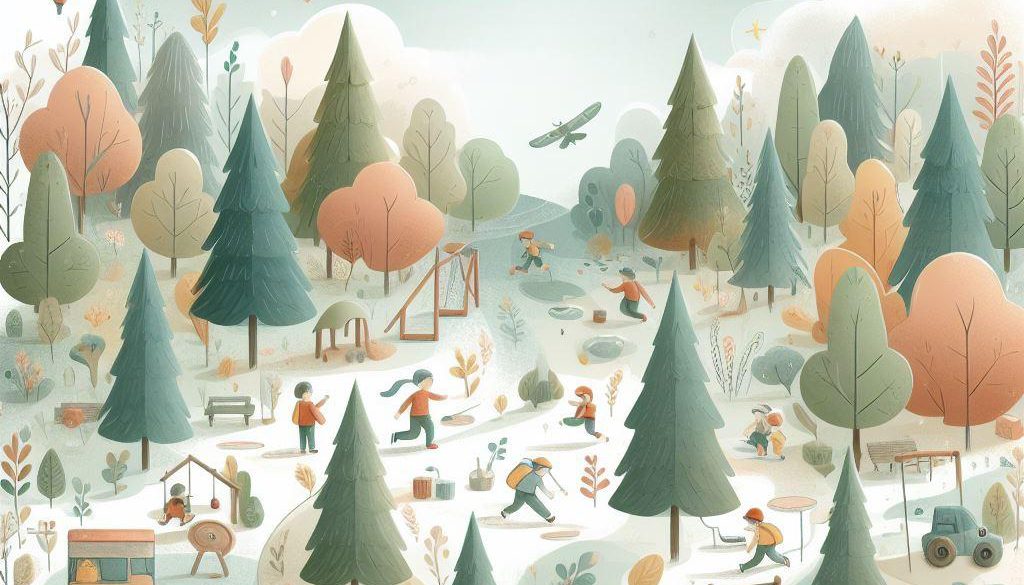 illustration avec des enfants qui jouent dans une forêt fabuleuse