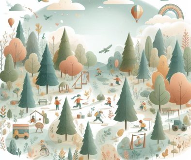 illustration avec des enfants qui jouent dans une forêt fabuleuse