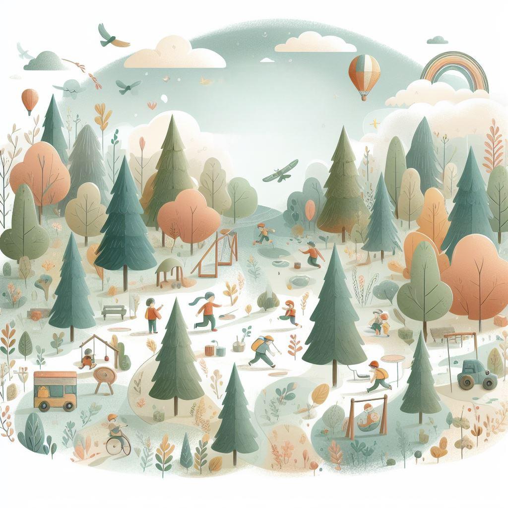 illustration avec des enfants qui jouent dans une forêt fabuleuse